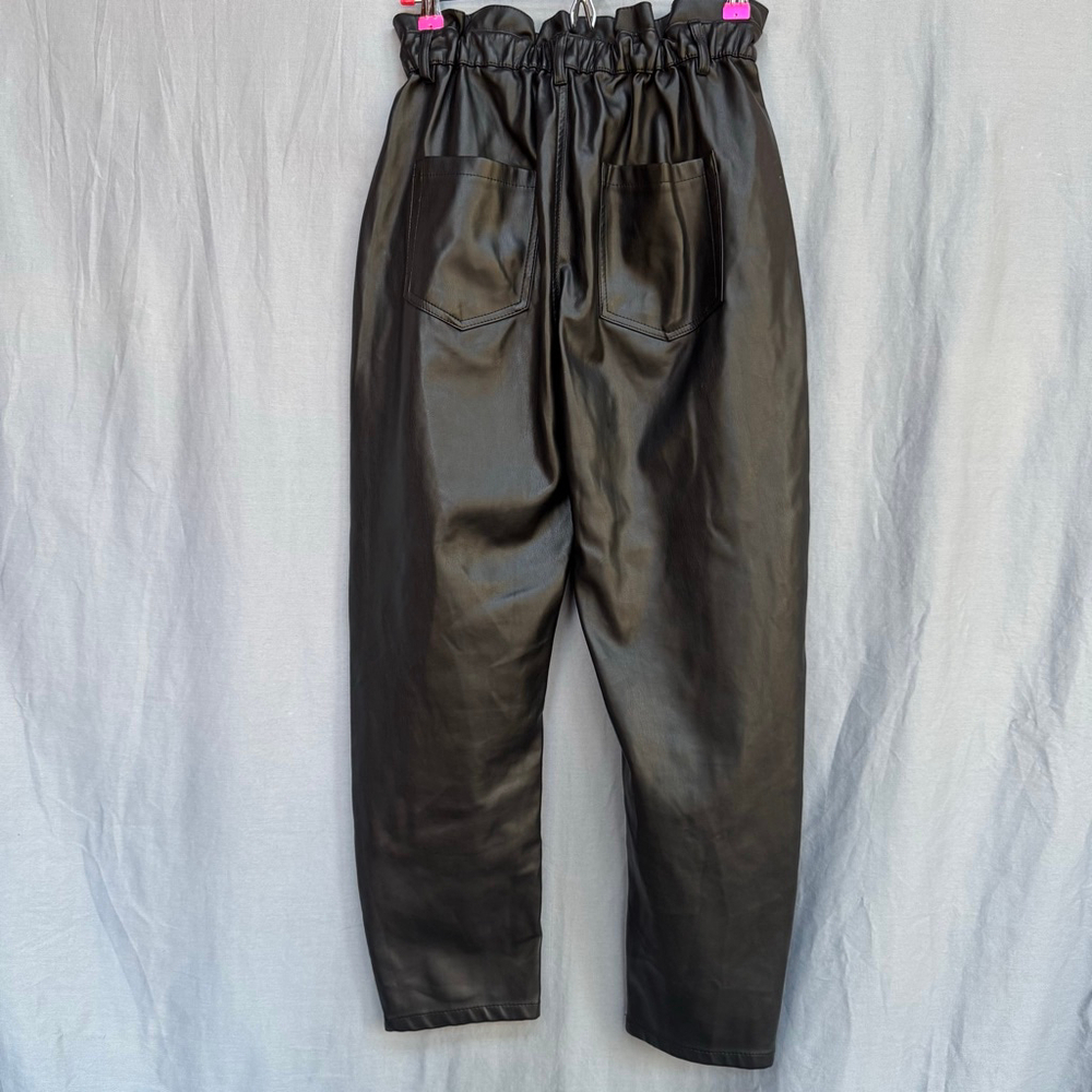 ZARA Faux Leather Paperbag Waist Pants Black Size 4 High Rise - Picture 2 of 9
